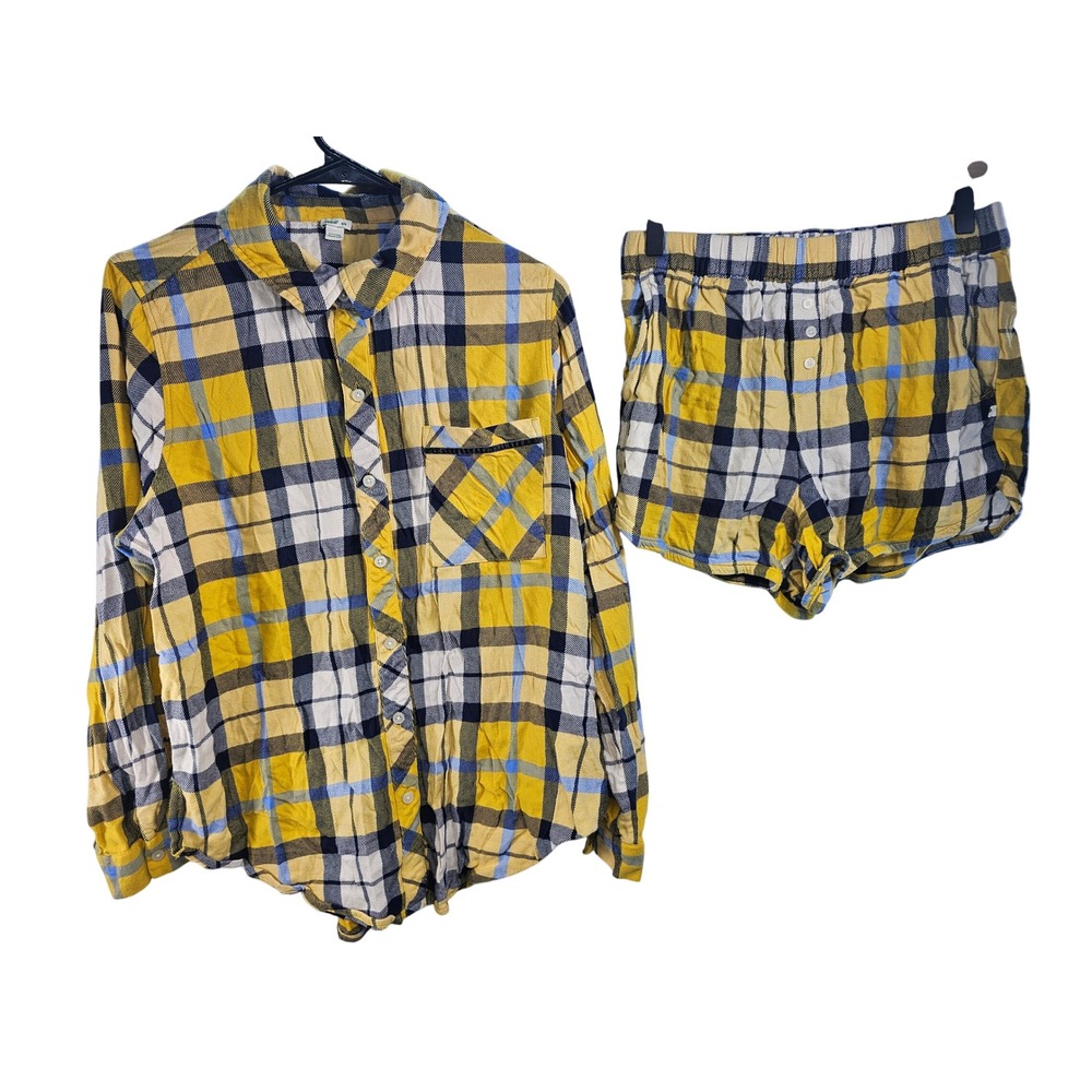 Aerie Plaid‎ Pajama Set Button Up Shirt & Shorts Yellow Blue M Top S Shorts